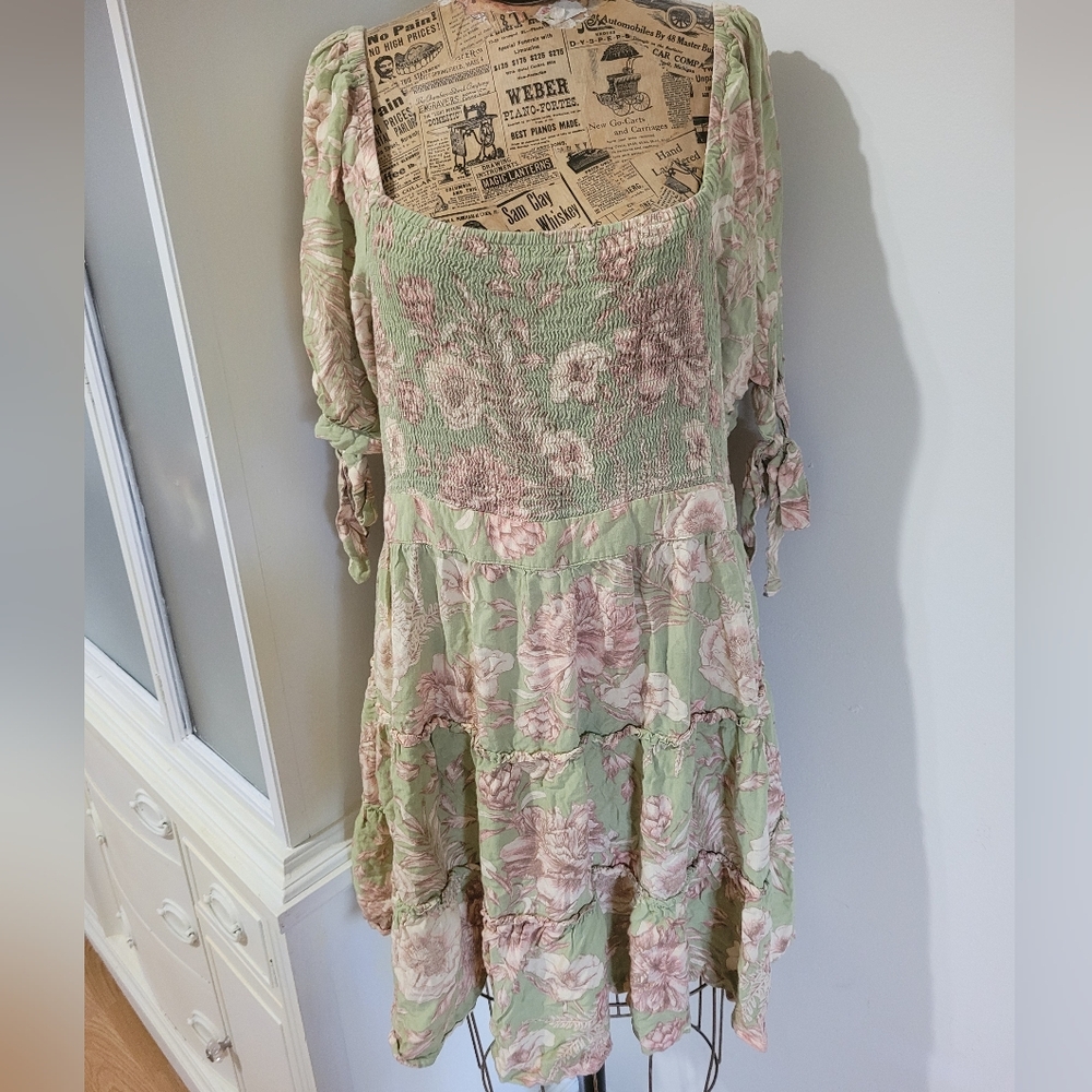 Agua Bendita By Target Green Floral Mini Dress with Puff Sleeves XXL